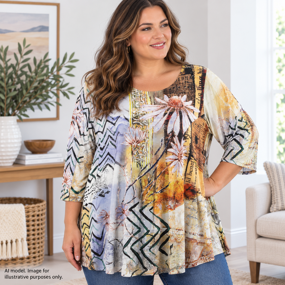 Ali Miles Shirt Womens 2X Art Floral Abstract Print Boho Rayon Stretch Top